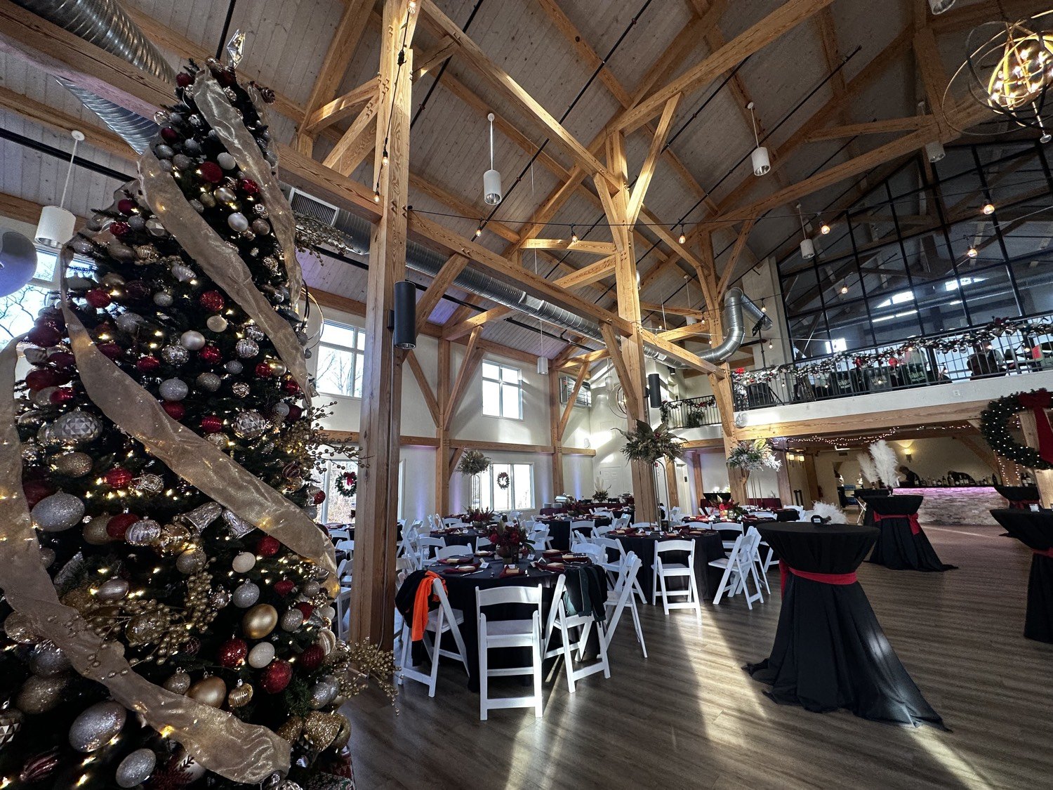 Christmas tree in a timber-frame event barn